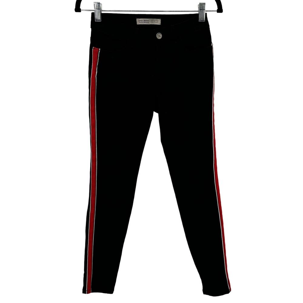 Zara Basic Z975 Denim Women's Side Stripe Skinny Jeans Size 4 Black Red Racer